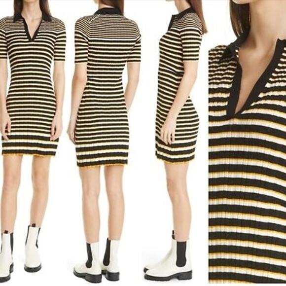 Theory Hudson Irregular Rib Dress M Black Ivory Gold Stripe Polo Collar Mini - Picture 2 of 12